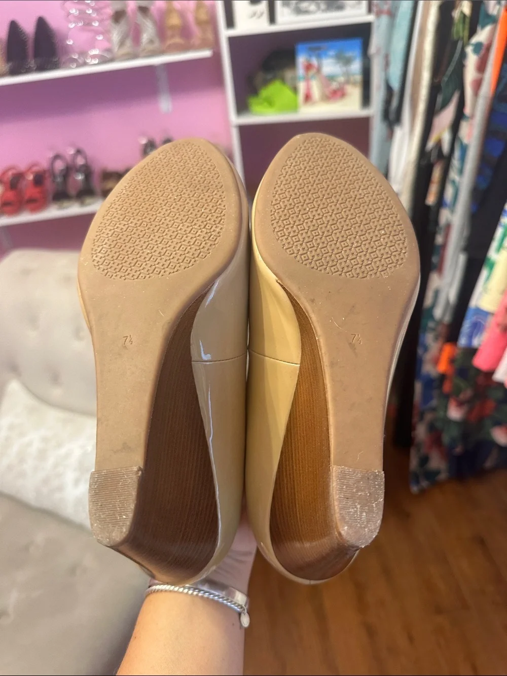 Tory Burch Nude Patent Peep-Toe Flats with Gold Logo